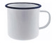 A white enamel mug with a blue rim, featuring a handle. The mug has a smooth, shiny finish and no visible branding.