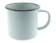 A mug with a light green enamel finish and a black rim, featuring a handle and a simple design.