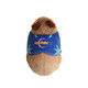 A soft brown wombat plush toy wearing a blue band with a logo. It features detailed facial features and textures.