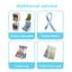 Four product packaging options including custom display boxes, ribbons, tags, and sewn labels in various colours.