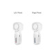 A mini portable handheld fan in white, featuring two designs with different print methods and a brand logo.