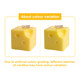 Square cheese-shaped candles in bright yellow, featuring holes resembling Swiss cheese. Includes a branding logo.