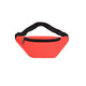 A red bum bag with a black zipper and adjustable strap. It features a logo on the front.