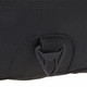 A close-up of a black fabric section of a laptop backpack featuring a logo and a buckle attachment.