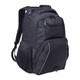 A black laptop backpack featuring multiple compartments and a mesh side pocket. It has a logo on the front.