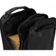 A black soft PU backpack with multiple zippered compartments and a visible interior box.