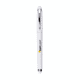 A white gel pen with a shiny silver clip and a logo on the barrel.