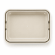 A light beige rectangular lunchbox with a smooth surface and rounded edges. It features a logo.