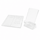 A clear acrylic phone stand next to flat acrylic pieces for assembly. The design is simple and modern.