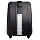 A black suitcase featuring a luggage strap across its surface for secure fastening.