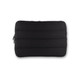 A black neoprene laptop sleeve featuring padded stitching and a zip closure. It includes a logo on the surface.