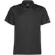 A black polo shirt featuring a collar, button placket, and a small logo on the sleeve.