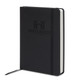 A5 daily diary in sleek black with an embossed logo and an elastic closure.