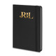 A5 weekly diary in black with gold branding on the front cover and an elastic closure.