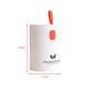 A white cleaning kit container with an orange button and a looped handle, featuring a logo. Dimensions are provided.