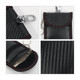 A black carbon fibre Faraday key pouch with red stitching, featuring a clasp and a keyring attachment.