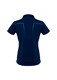 A navy short sleeve polo shirt for women, featuring a subtle design on the back and a logo.