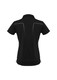 A black women's short sleeve polo shirt featuring a stylish design with reflective detailing on the back and a subtle logo.