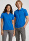 A blue short sleeve polo shirt for men, featuring a logo, styled with grey pants.