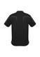 A black short sleeve polo shirt featuring a simple design and a logo.