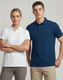 A white ladies polo and a navy men's polo, both made from ultrafine cotton pique, featuring branded logos.