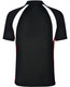 A black men's tri sport polo shirt featuring white and red accents on the sides and back, with a logo visible.