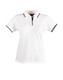 A white polo shirt featuring a collar with navy detailing and a logo.
