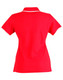 A red ladies' polo shirt with a classic collar and short sleeves, featuring contrasting trim and a logo.