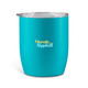 A teal coffee cup with a clear lid and a logo printed on the front.