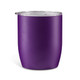 A purple insulated coffee cup with a clear lid, featuring a smooth, matte finish and a rounded design.