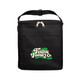 A black insulated cooler bag with a zippered top and a front pocket, featuring a logo.