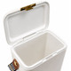 A white cooler with a gold latch and a side handle, featuring an open lid showing the empty interior.