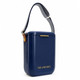 A navy blue cooler with a striped strap and a small logo. It has a sleek, rectangular design.