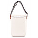 A cooler with a sleek cream exterior and a detachable striped strap. It features a sturdy handle for easy carrying.