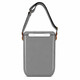 A grey cooler with a strap for easy carrying, featuring a simple, sleek design and a logo.