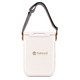 A Pavilion cooler in white with a striped shoulder strap and a logo. Compact design for easy carrying.