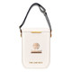 A rectangular white cooler bag with a shoulder strap and a logo. It features a gold accent on the closure.
