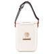 A cream cooler bag with a shoulder strap and a logo, suitable for carrying drinks and snacks.