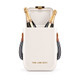 A white cooler bag with two champagne bottles inside, featuring a logo and striped handles.