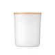 A white ceramic container with a bamboo lid, featuring a minimalist design and a logo on the side.