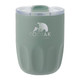 A drink bottle with a matte green finish, featuring a ceramic liner and a transparent lid. It has a logo on the front.