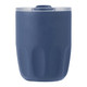 A drink bottle in navy blue with a clear lid and a ceramic liner, featuring a simple design and logo.