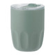 A drink bottle in soft green with a clear lid, featuring a curved design and a logo on its surface.