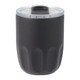A drink bottle in matte black with a clear lid and a textured base, featuring a logo.