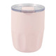 A drink bottle in a soft pink colour with a transparent lid and a logo on the side.