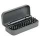 A grey pocket screwdriver tool set containing a handle and 55 various screwdriver bits in a compact case.