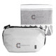 A grey cooler bag with a zipper and a matching grey towel featuring tassels. Both items have a logo.