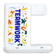 A white 3 in 1 wireless charger featuring a colourful design and a logo on the surface.