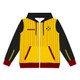 A zipped hoodie featuring a yellow and black colour scheme with striped detailing and a logo.