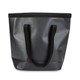 A black bucket bag with sturdy black handles and a waterproof design. It features a logo on the side.